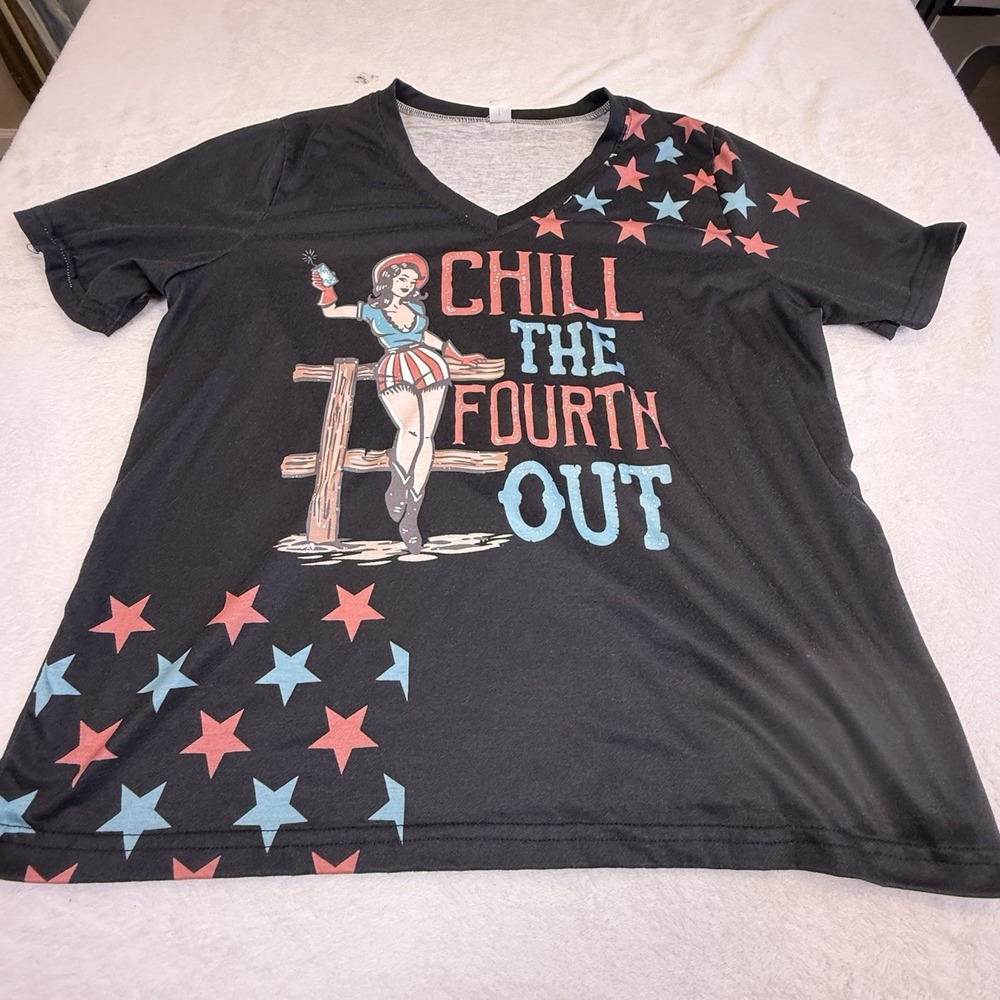 Chill The Fourth Out Patriotic Pin Up Graphic T-Shirt Women's Large Black USA
